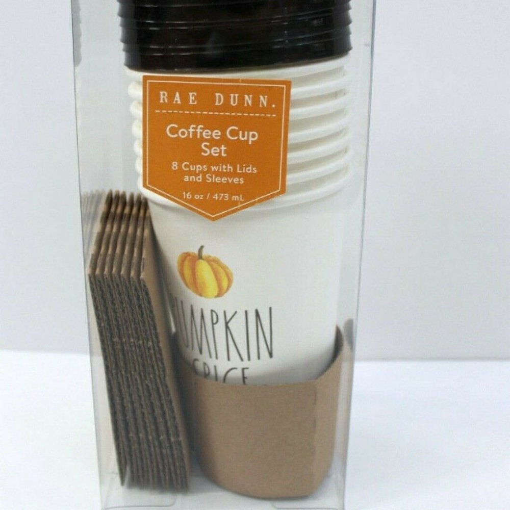 Rae Dunn PUMPKIN SPICE Disposable Coffee Cups 16 oz Lids Sleeves Set of 8